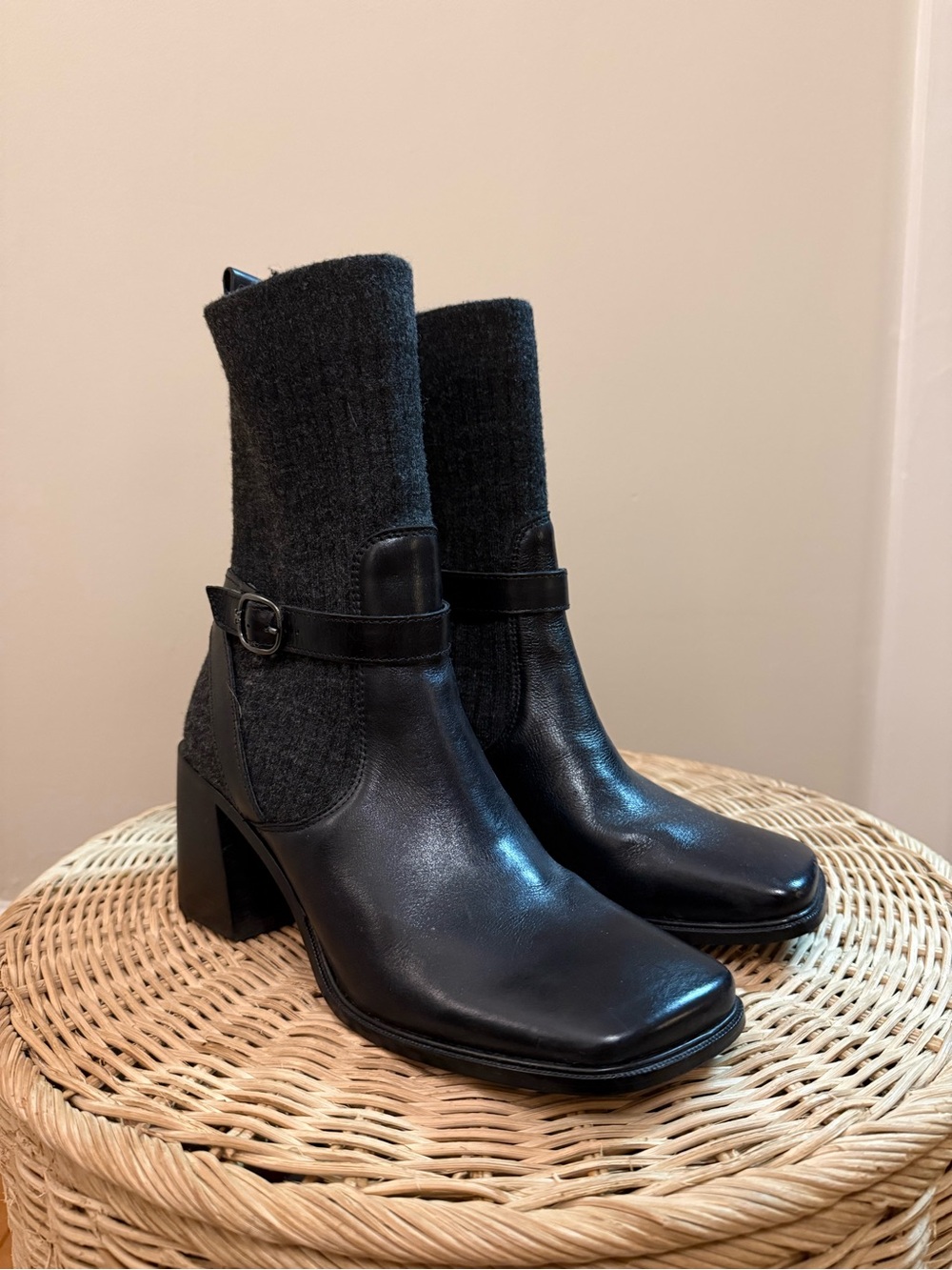 Sam Edelman Marci Black Leather & Knit Buckle Block Heel Ankle Boots - Picture 2 of 6